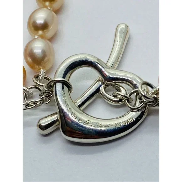 Tiffany & co. Elsa Peretti 3 Row Pink Pearl Heart Silver 925 Bracelet 7.5